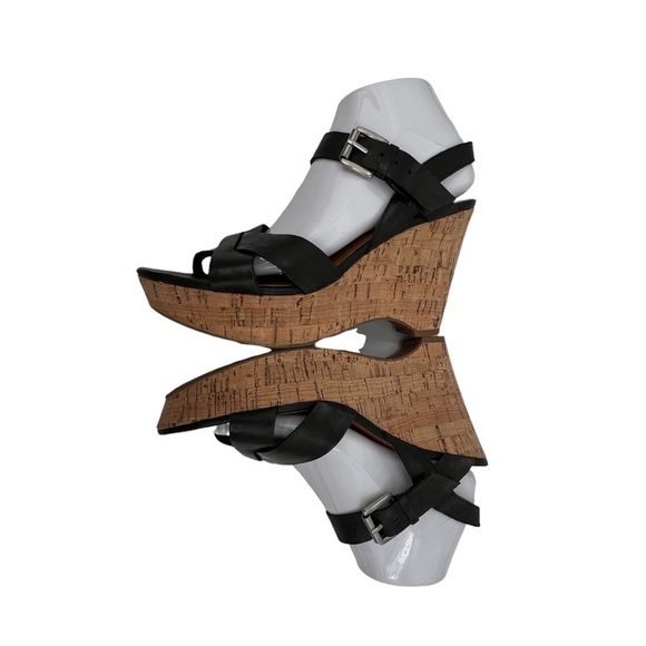 Franco Sarto Black Farley Leather Cork Wedge Platform Sandals Size 8 1/2 Women’s - Picture 6 of 9
